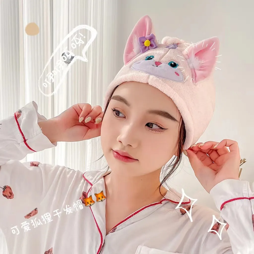Cute Cartoon Coral Fleece Hair Drying Wrap for Women – Super Absorbent Quick-Dry Bath Turban, Extra Thick Fluffy Head Towel with Bow, Japanese Style Soft Drying Cap for Shower and Skincare
